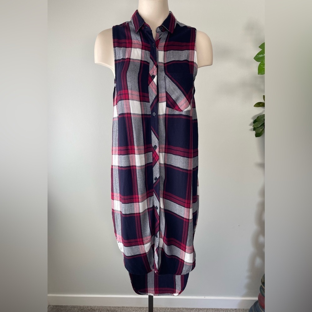 Rails Plaid Sleeveless Tunic Button Down Red Blue Long Longline Maxi Size XS